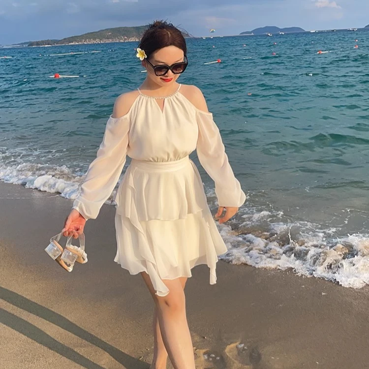 大码百分百女装春夏法式仙女裙气质露肩荷叶边连衣裙度假感穿搭