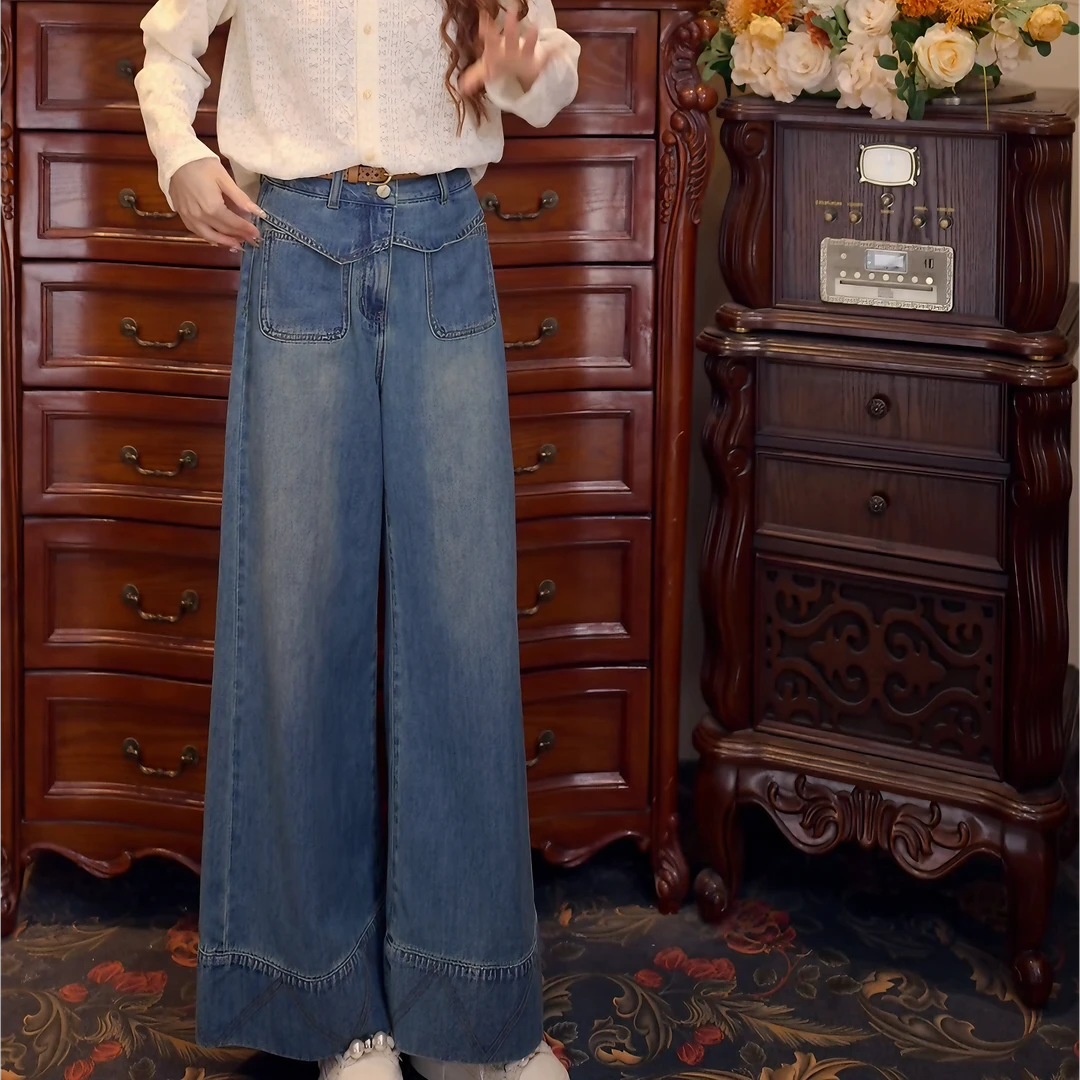 早秋韩系穿搭复古蕾丝衬衫女装宽松上衣+百搭阔腿牛仔裤LK2505887