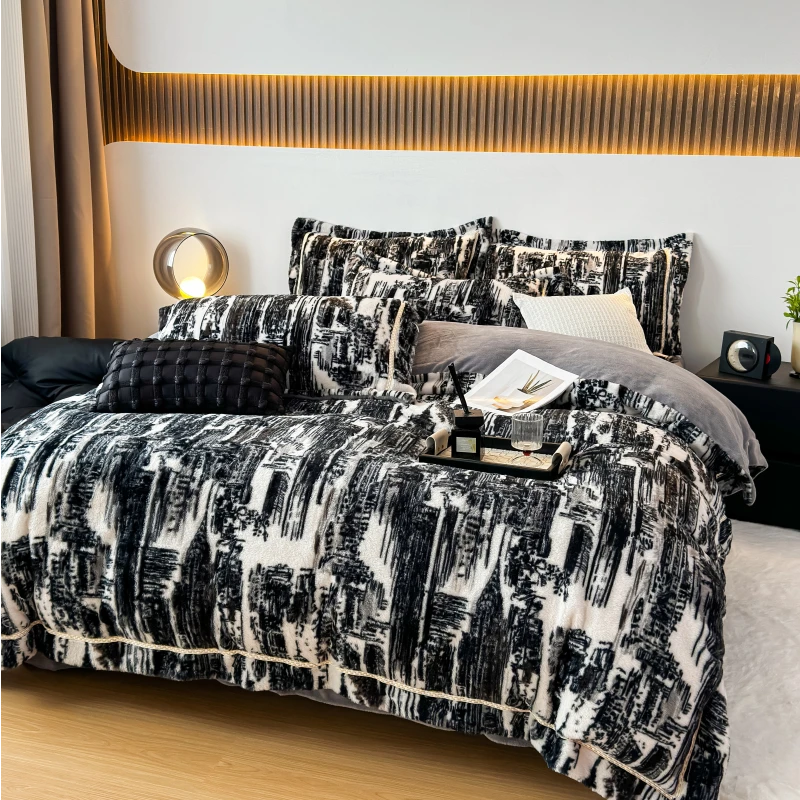 轻奢美拉德风加厚牛奶绒四件套冬季加绒双面绒花边被套被罩床单款