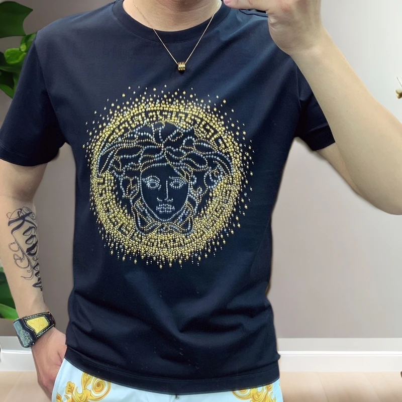 锡芝班拿夏季新款男士圆领短袖T恤潮流烫钻半袖潮牌时尚修身打底