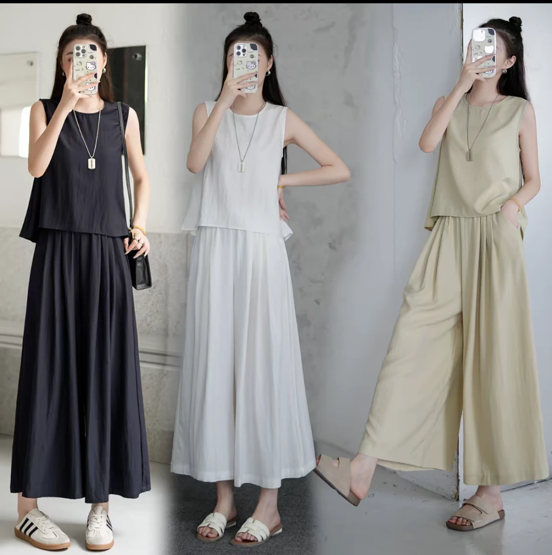 【小个子定制】2025夏季薄款高级感人棉阔腿中长款裤裙套装