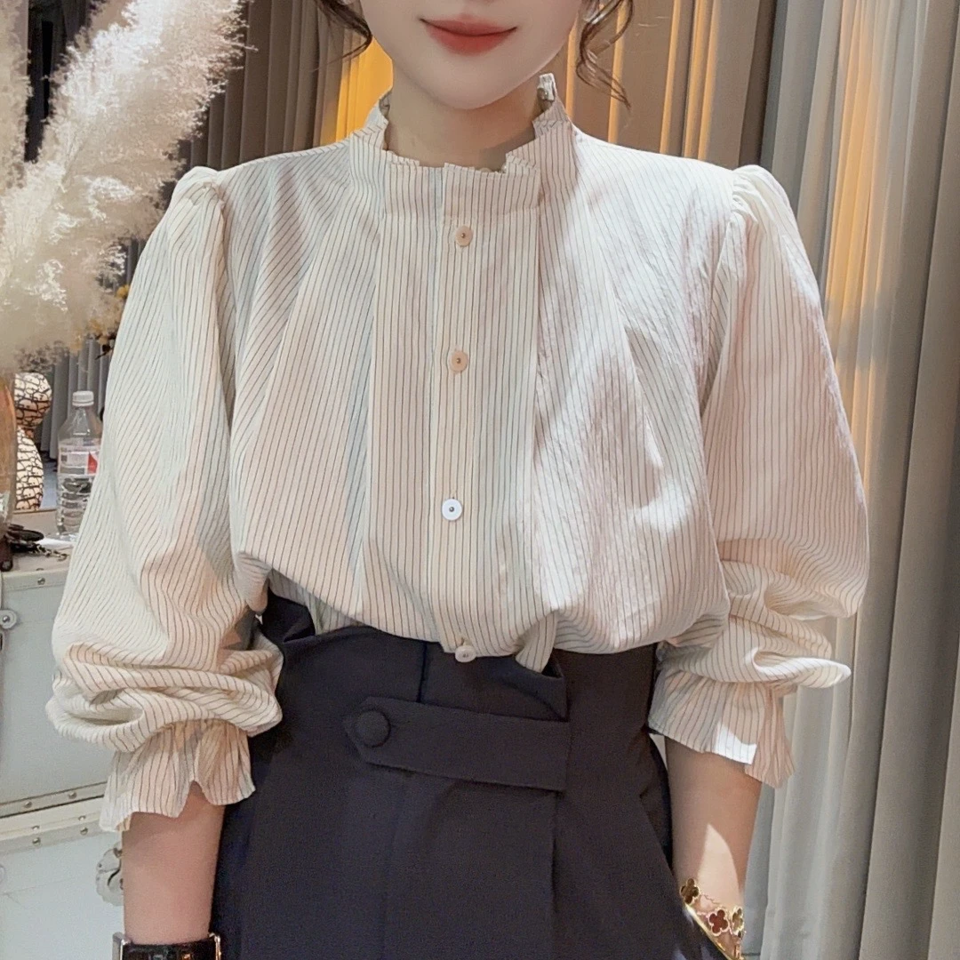 HUIHUI 法式甜美锯齿泡泡袖立领长袖衬衫