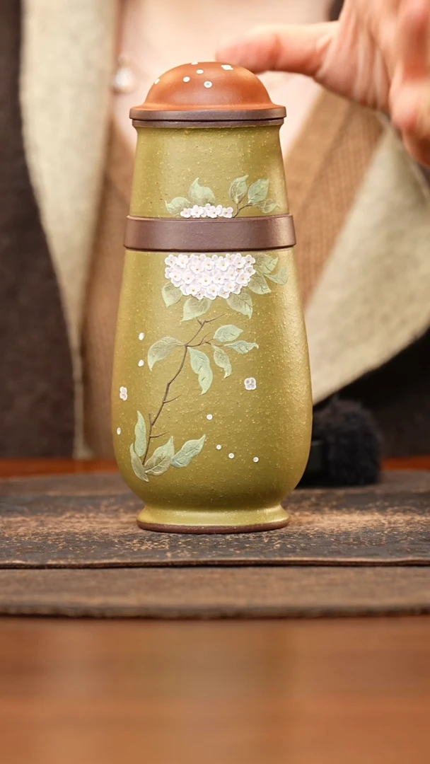 紫砂茶叶罐笠帽盖豆青泥泥绘绣球花茶叶罐