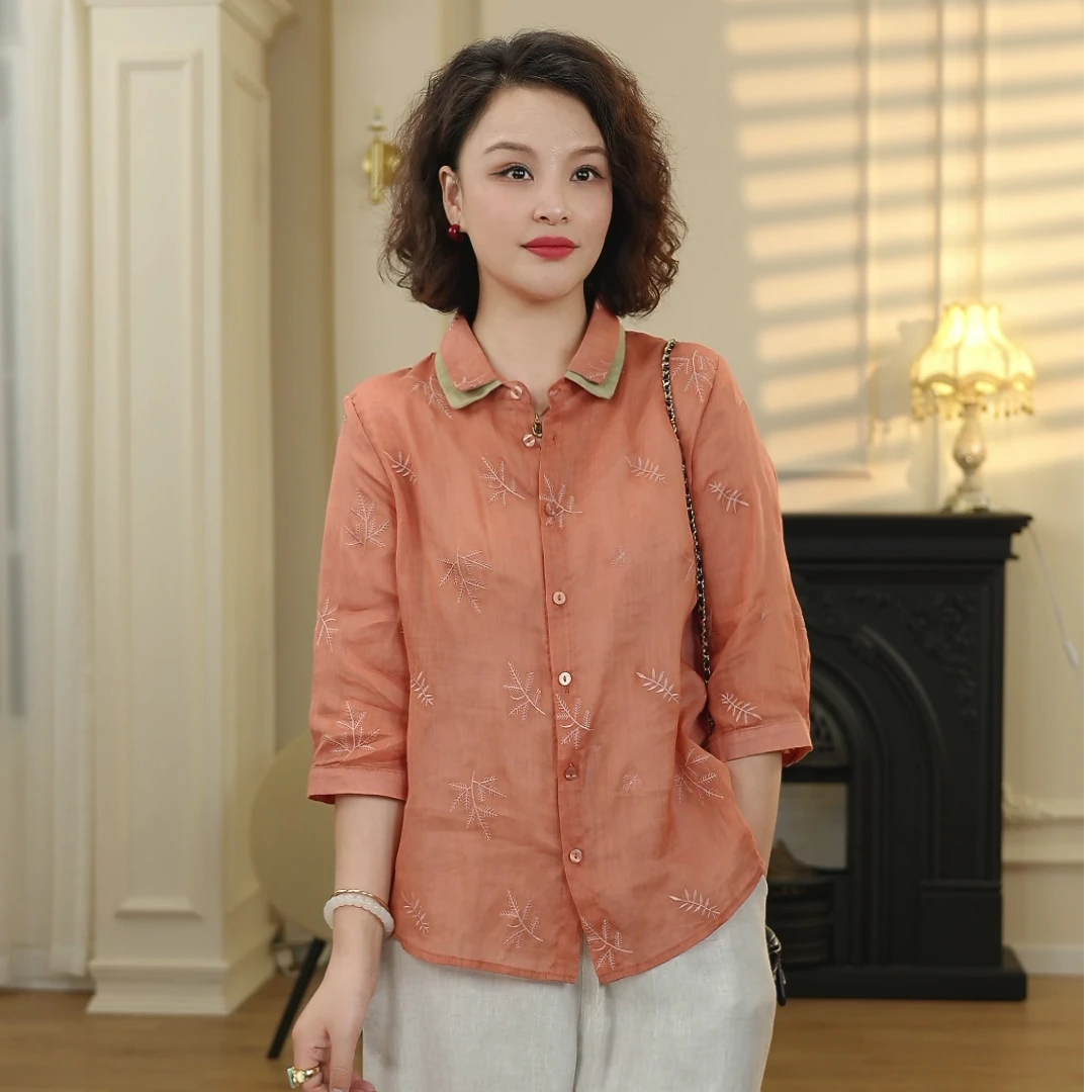 【橘猫美依】高端苎麻坯布绣衬衫领女款小衫百搭减龄25013