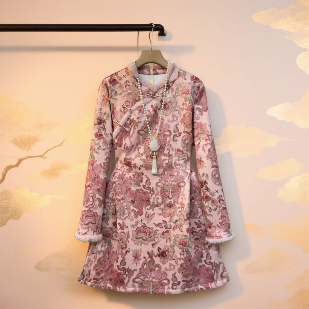 乐1059（锦鲤）加宝宝绒连衣裙冬季新款国风大码连衣裙