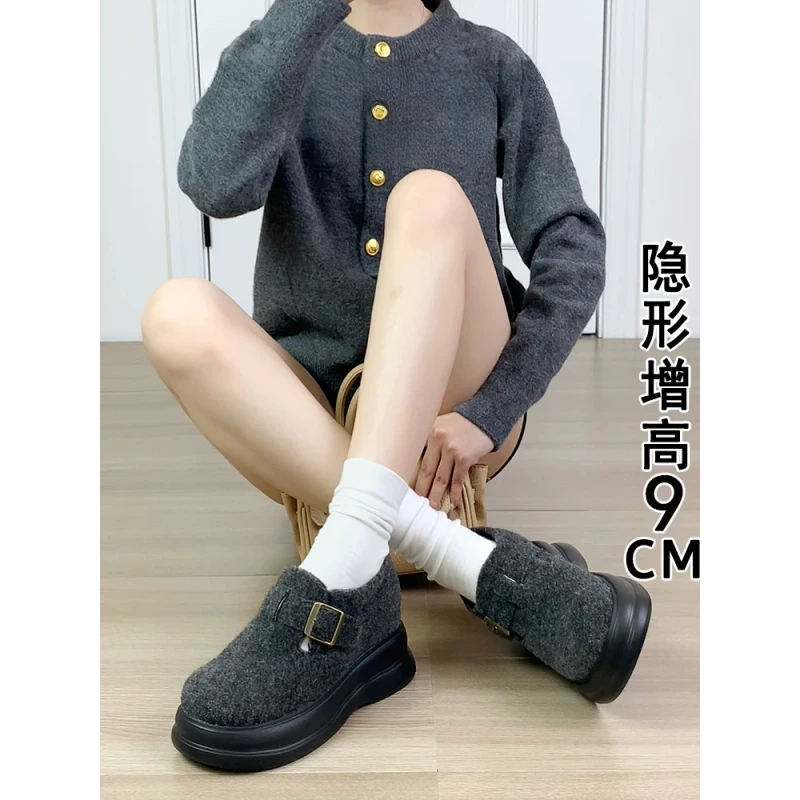 9cm内增高厚底加绒勃肯鞋女冬新款灰色毛呢子一脚蹬全包博肯棉鞋