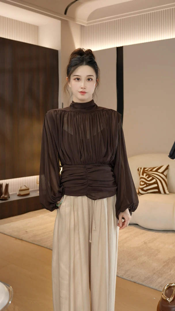 范有名 长袖轻熟风印花抽褶印染小衫气质衬衣百搭FYMS-053棕色