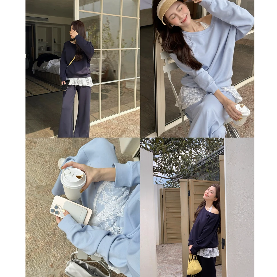 YPP!【叠穿纯欲套装】小裙摆挂脖蕾丝背心叠穿斜肩卫衣休闲裤三件套