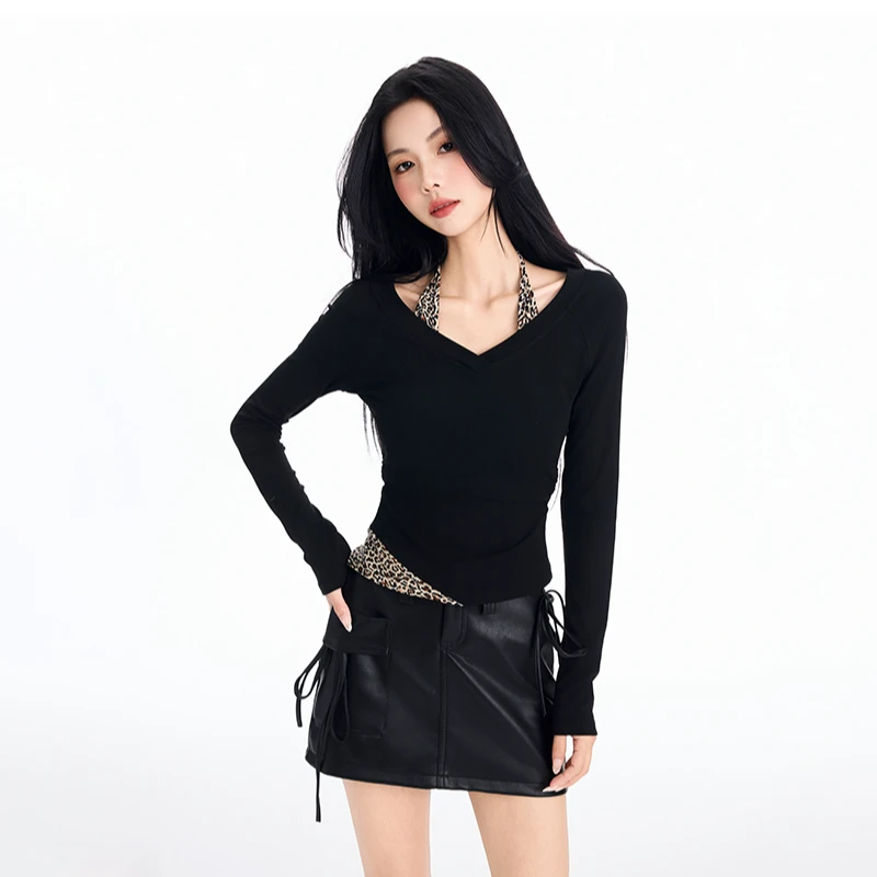 假两件豹纹系带拼接长袖T恤女秋冬修身显瘦黑色辣妹短款打底上衣