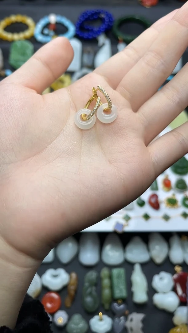 银S925镶嵌和田玉耳饰白玉耳扣06