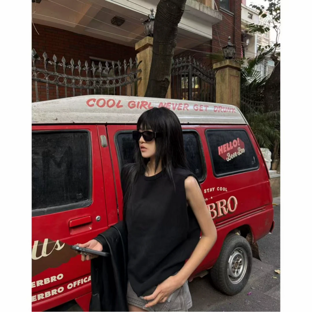 Mao 重磅披肩背心女夏黑色外穿砍袖打底内搭宽松无袖上衣H9900