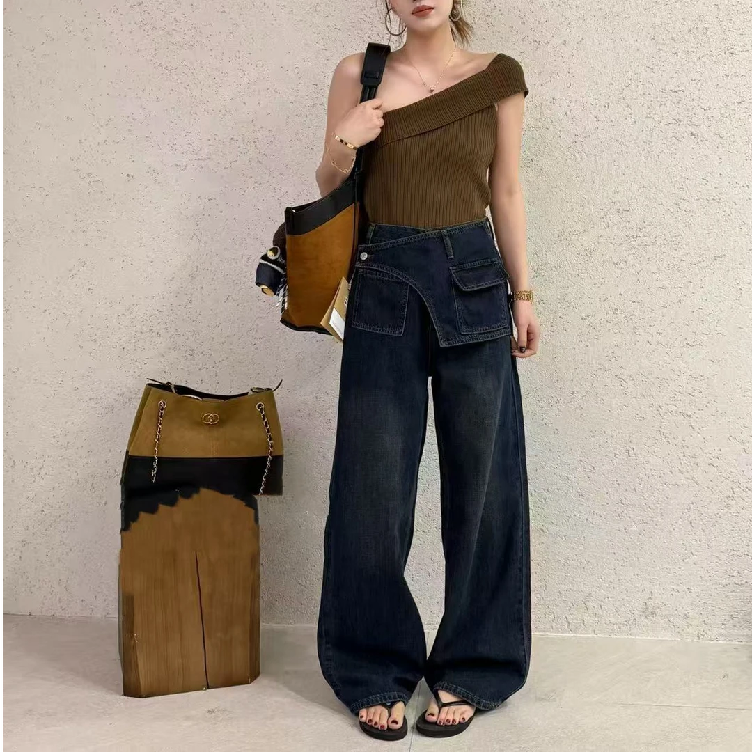 5535 番外秋季新款复古屁帘设计感遮胯时尚百搭阔腿牛仔裤女