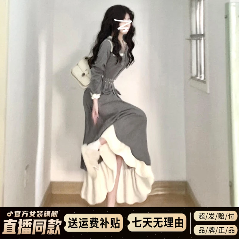 法式灰色连衣裙子女秋冬季2025新款小个子大衣内搭假两件套装长裙