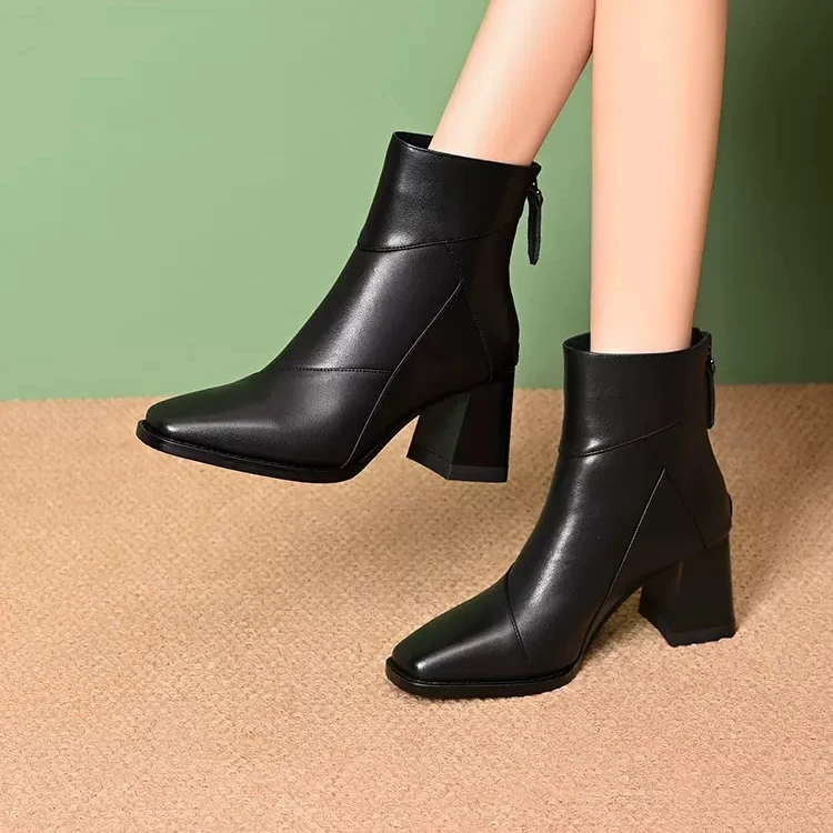 2025新款秋冬季小短靴女粗跟中跟单靴方头踝靴高跟女鞋秋冬真皮鞋