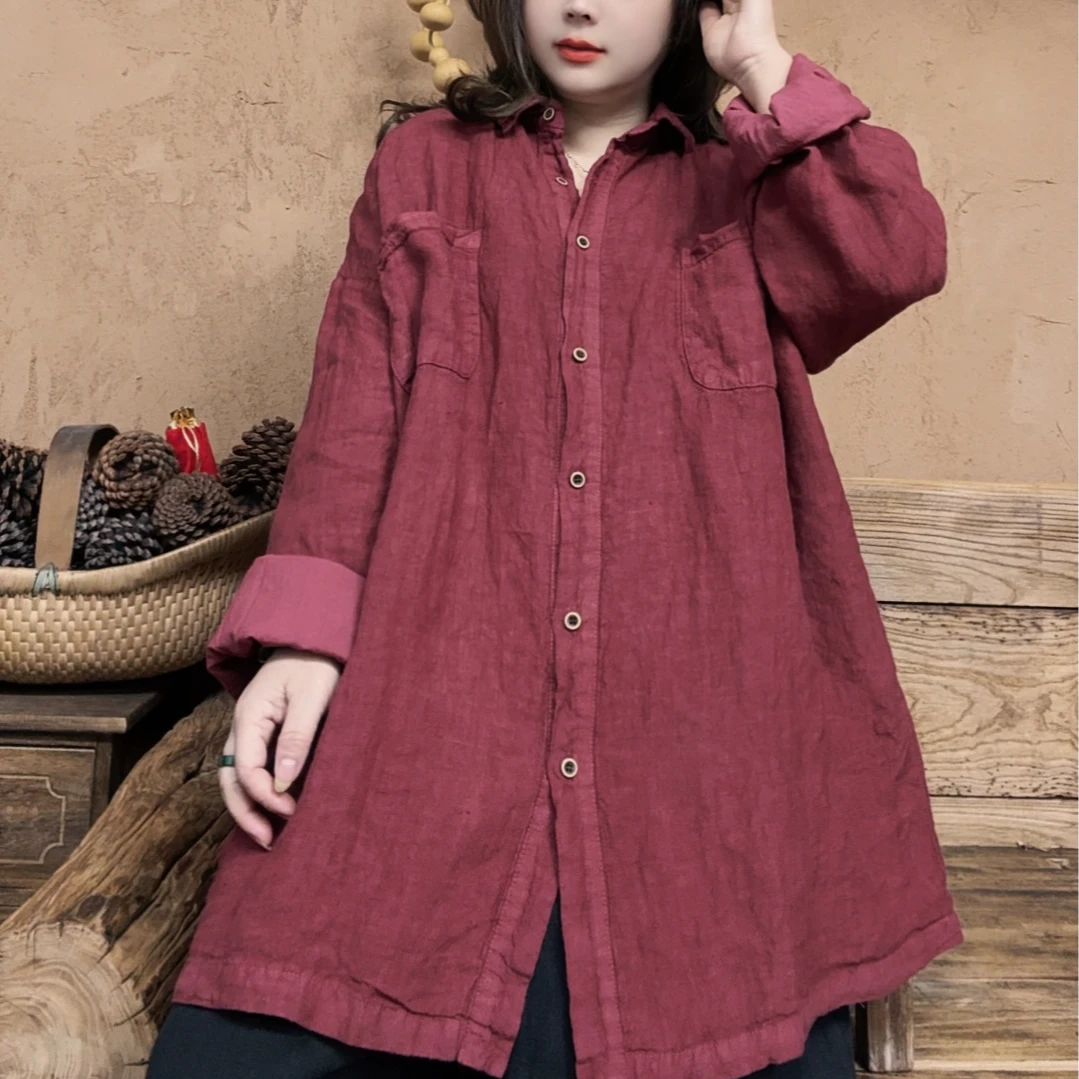 美子原创双层纯色拼接落肩袖复古文艺衬衫衬衣百搭（衣长75胸围140