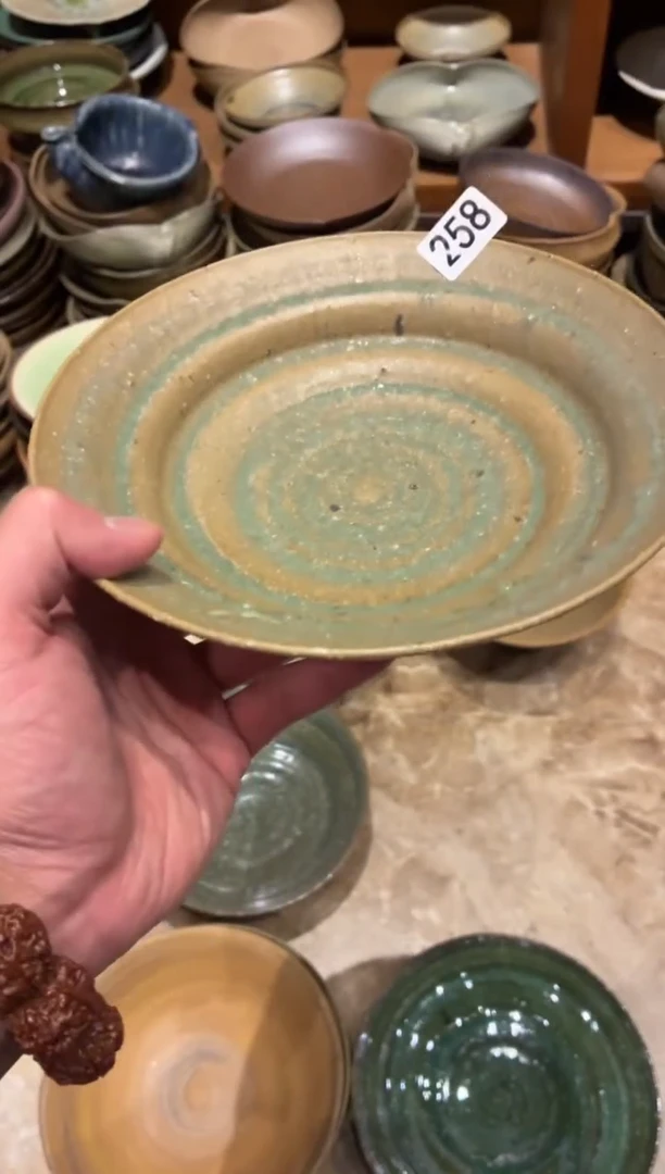 瓷片?258粗陶手工棕绿盘1个