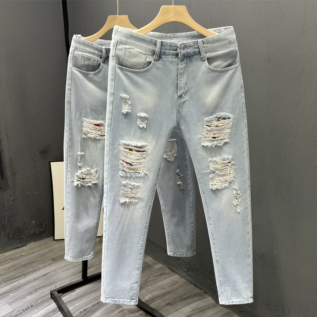 浅色个性破洞牛仔裤夏季薄款潮牌百搭休闲小脚裤男士弹力修身长裤