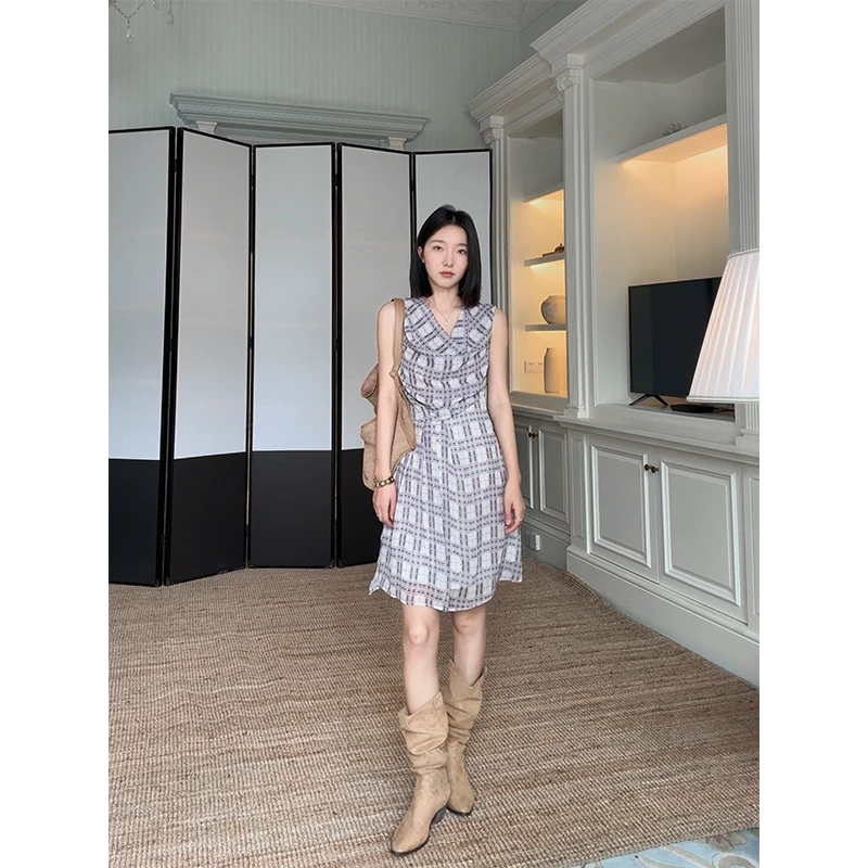 郭九九呢 气质设计感堆堆领宽松显瘦印花格子连衣裙 G925Q08168