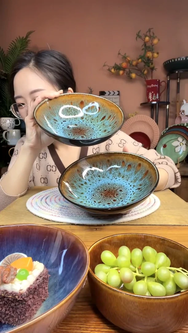 陶瓷7英寸绿色豹纹系列斗笠碗 2件装 微瑕疵