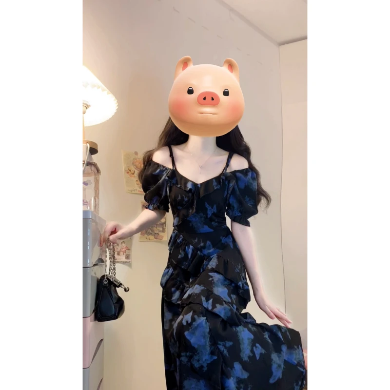 大码夏季新款不规则印花蝴蝶碎花连衣裙一字肩两穿掐腰显瘦长裙仙