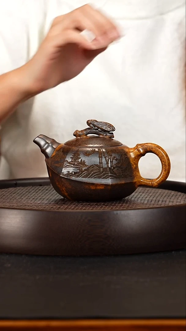 茶壶紫砂 宜兴紫砂壶龙骨金砂柴烧一叶知秋320cc