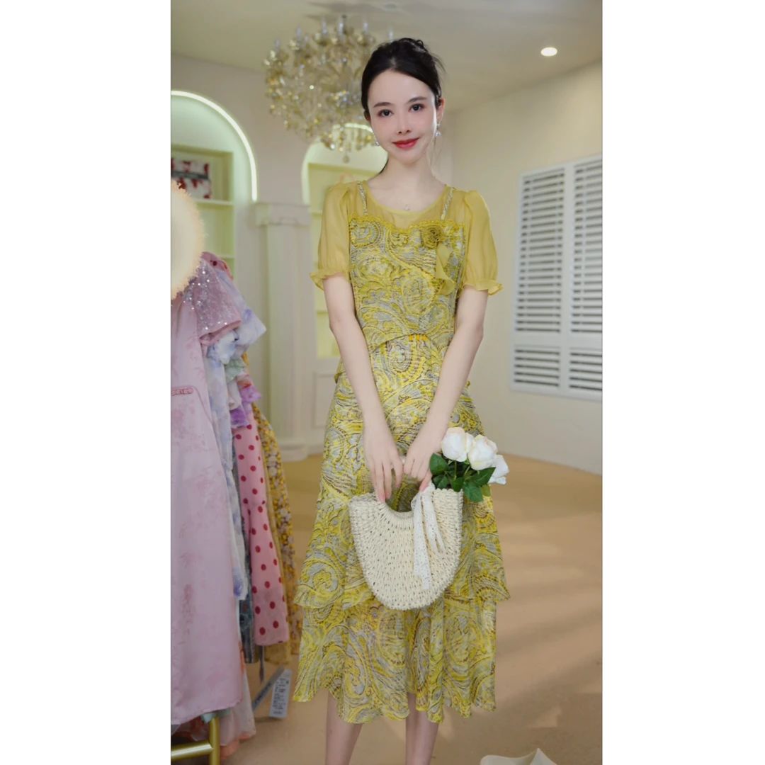 （赠送运费险）不规则腰果印花显瘦连衣裙子女士夏季新款J5252