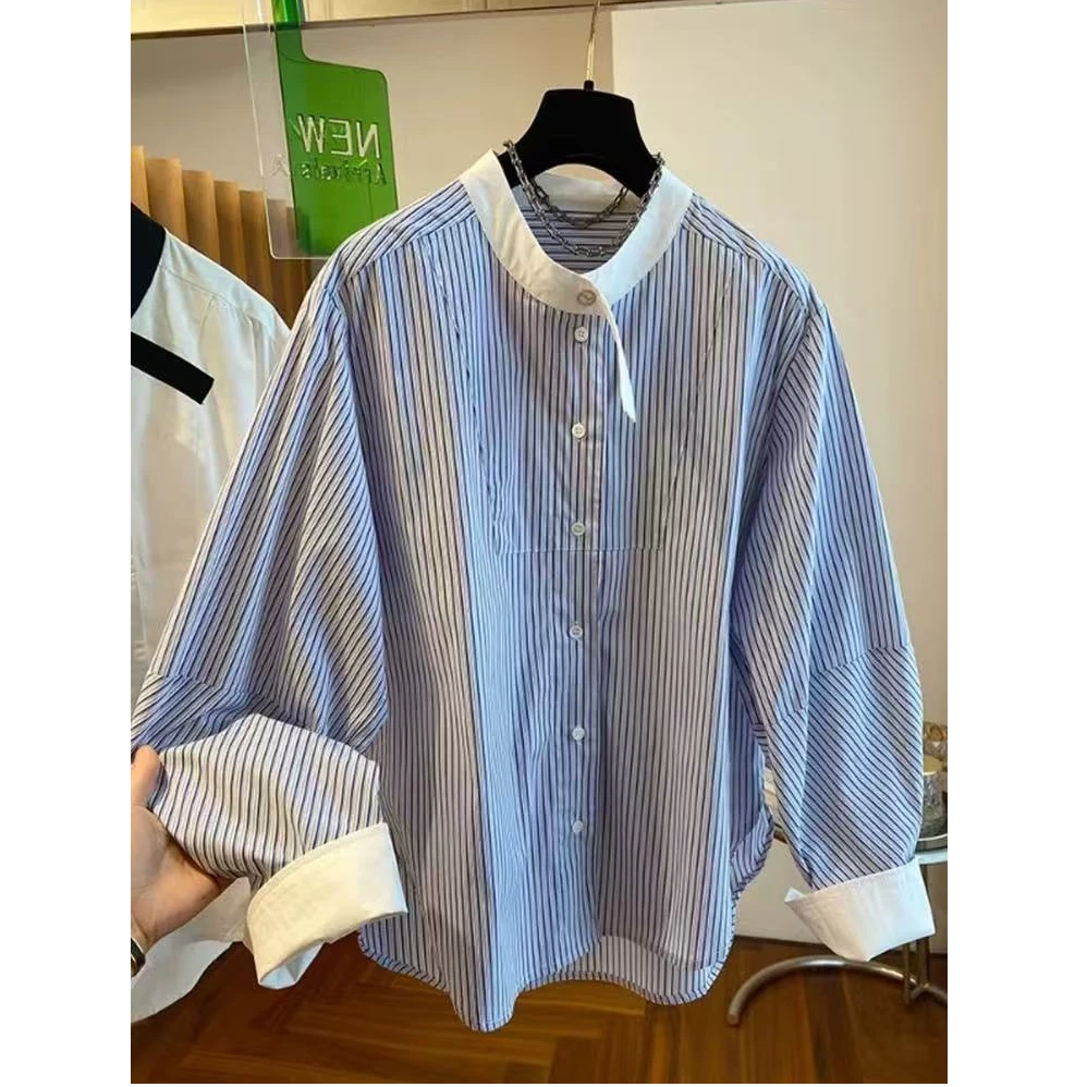 9568新款韩风撞色圆领长袖衬衫女内搭条纹打底衫漂亮上衣