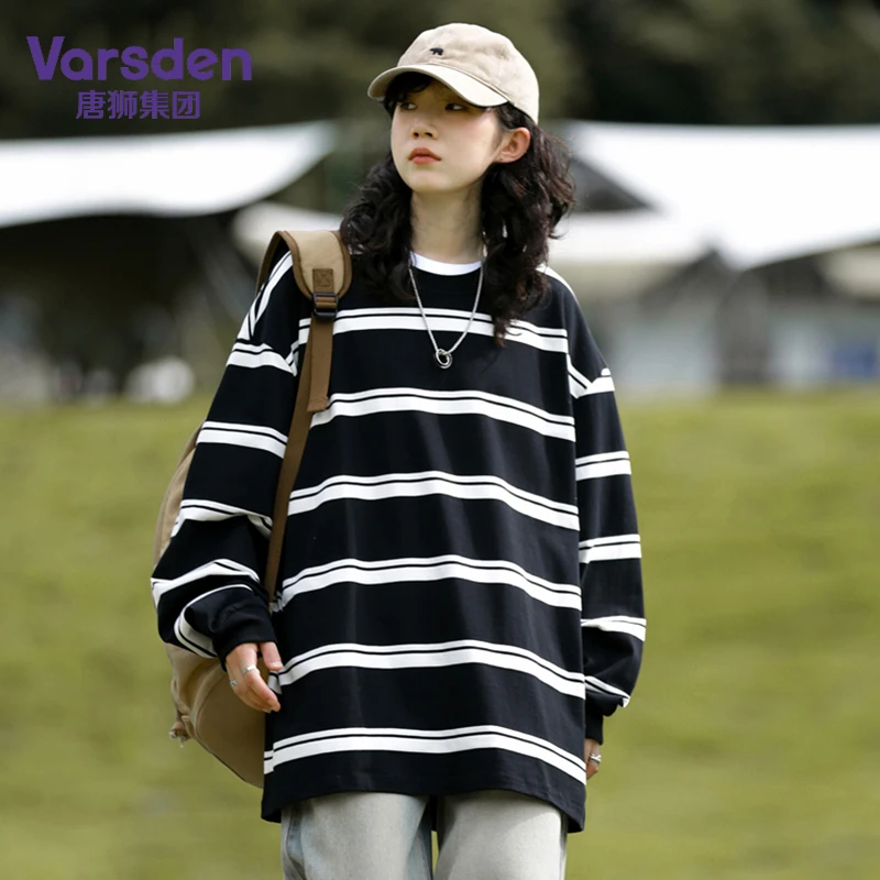 唐狮集团Varsden春季薄款条纹圆领卫衣男士宽松慵懒套头长袖T恤衫