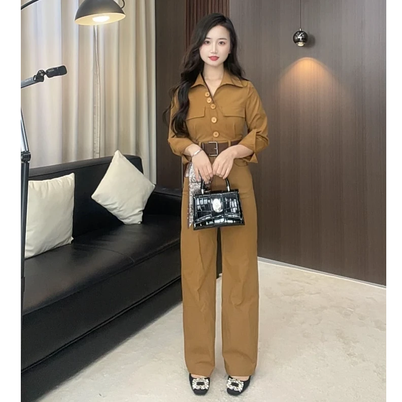 【焦糖连衣】2025小个子复古气质翻领设计感减龄收腰连体裤ZJJ803