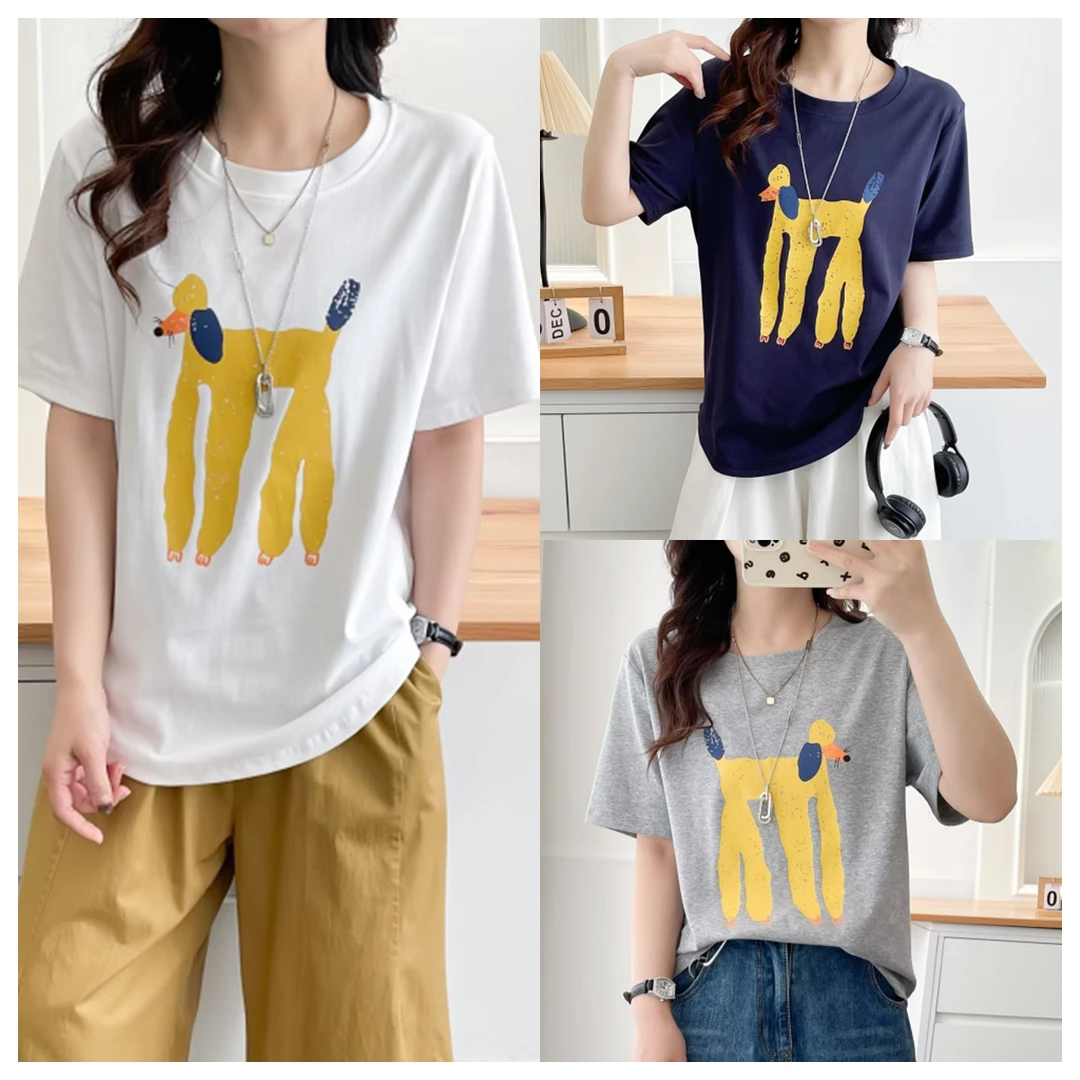大码女装圆领卡通印花短袖T恤2025年夏季新款时尚宽松型显瘦上衣