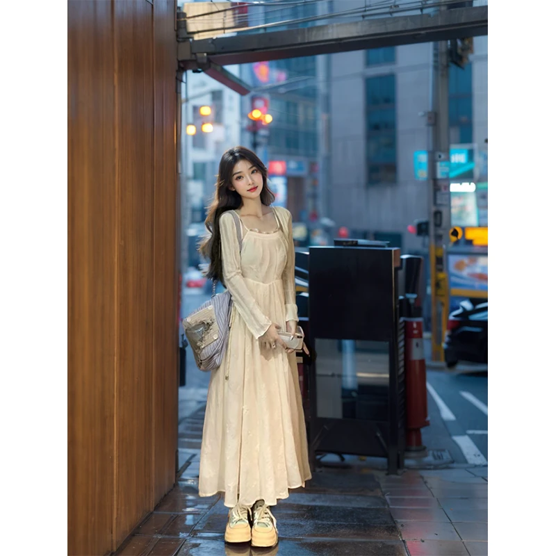 C-2715大码夏季新款重工度假风吊带连衣裙+开衫套装