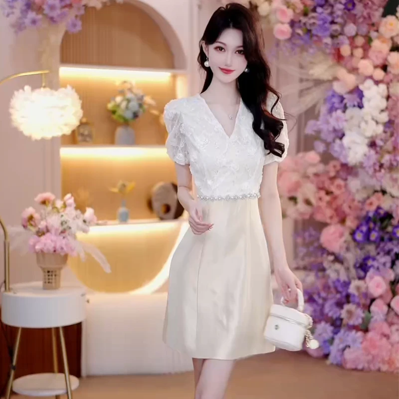 优雅气质高级感镶钻连衣裙女蕾丝刺绣短袖新款夏季名媛A字裙6173