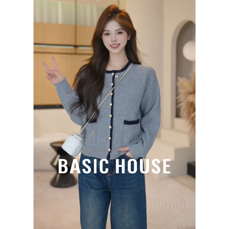 Basic House/百家好秋季新款圆领口袋单排扣针织开衫B1195B51A72