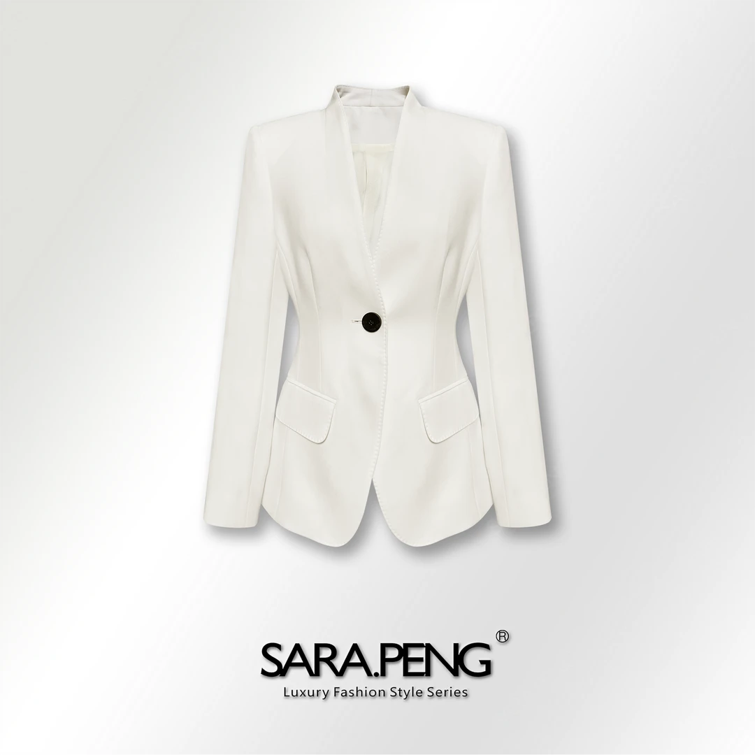 SARA.PENG名门贵气/新款高定醋酸高级走珠线V领西服百搭修身外套
