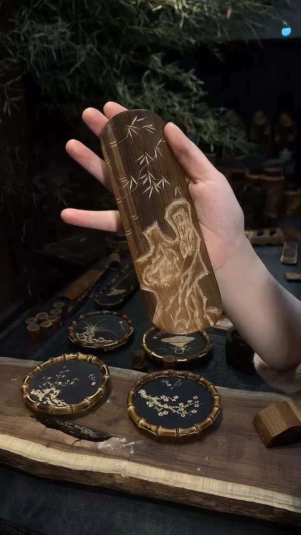 精雕石竹椭圆茶则......