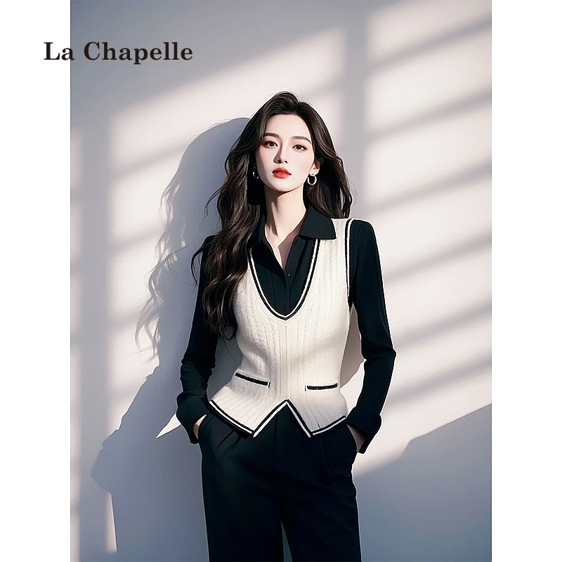 拉夏贝尔今年爆款假两件白色针织衫拼接衬衫女款早春内搭打底上衣