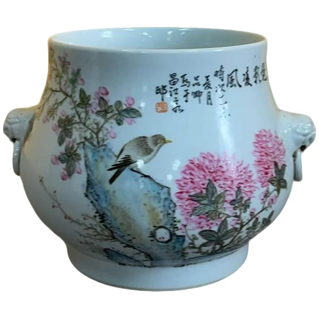 粉彩花鸟双耳小福筒尊