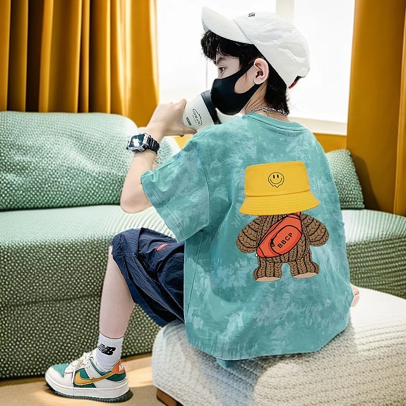 儿童扎染短袖T恤2025夏装新款中大儿童夏款半袖男孩卡通纯棉上衣t