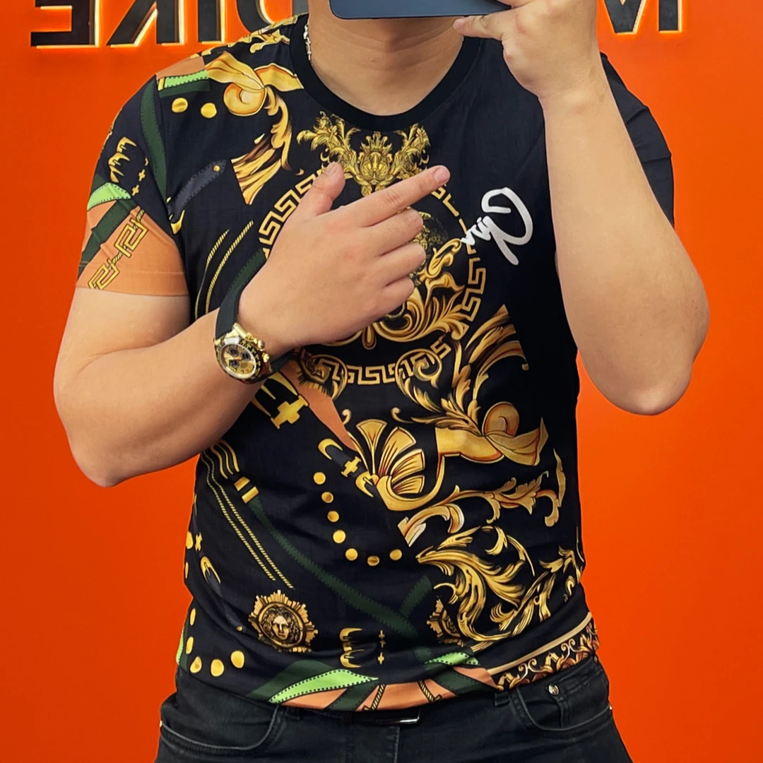 夏季新款双丝光棉休闲数码印花潮款透气修身圆领短袖T恤 90361