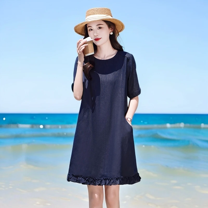 2025夏季新款女装时尚百搭圆领宽松显瘦设计感气质短袖法式连衣裙