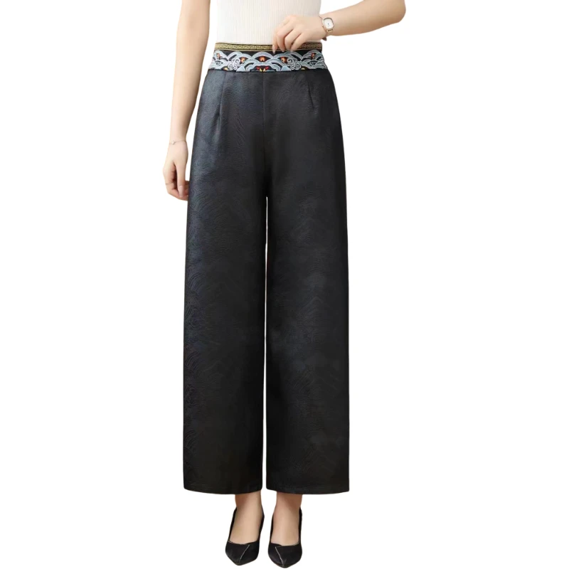 龙鳞纹夏季通勤松紧腰直筒裤黑色宽松长裤 83937