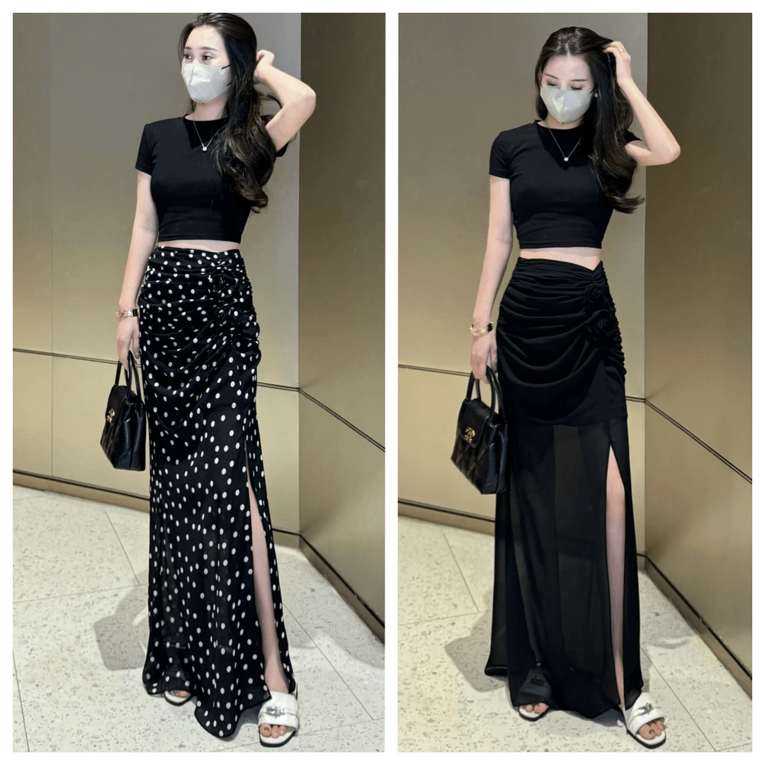 法式复古波点开叉半身裙女春夏新款设计感褶皱立体花朵包臀长裙