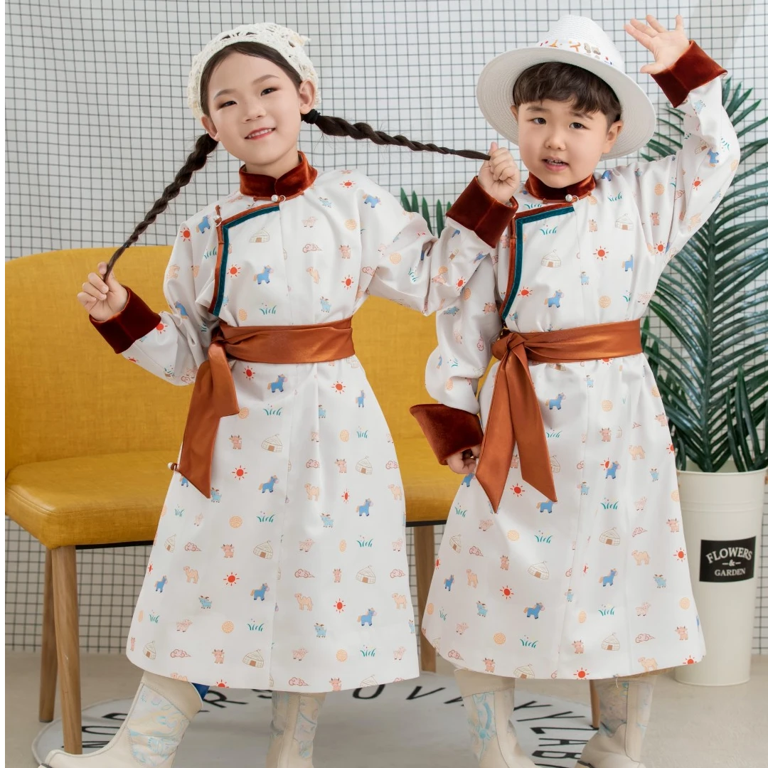 【乌日晗】童趣纯棉面料传统蒙古族民族舞台民族儿童蒙古袍男民族风