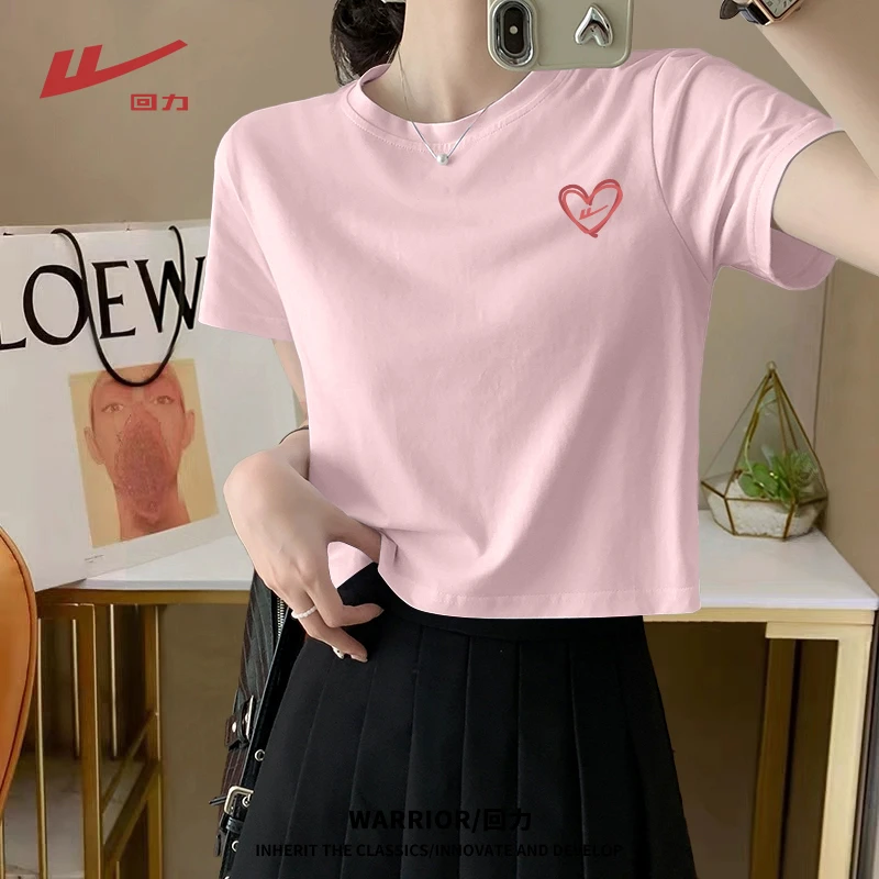 Warrior/回力短袖t恤女春夏季新款宽松短款圆领粉色洋气上衣女
