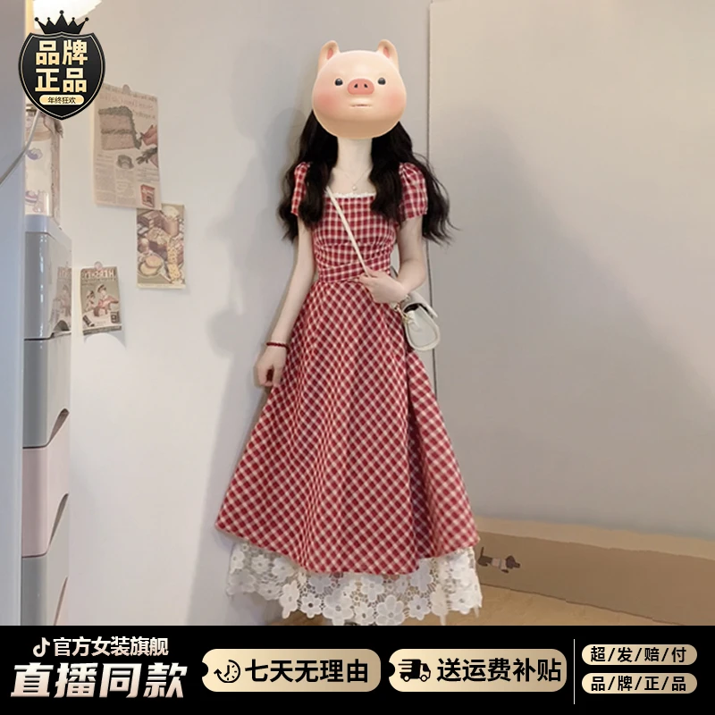 法式高级感红色格纹连衣裙女夏季2025新款小个子独特漂亮掐腰长裙