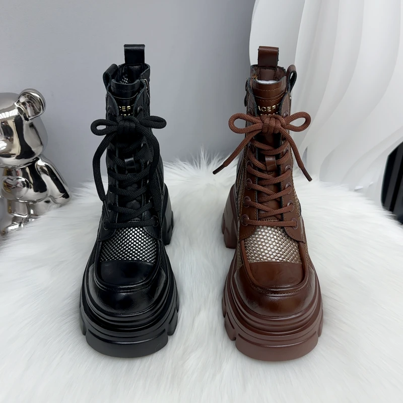 网纱马丁靴女2025年夏季英伦风厚底百搭时尚短筒女靴透气瘦瘦靴子
