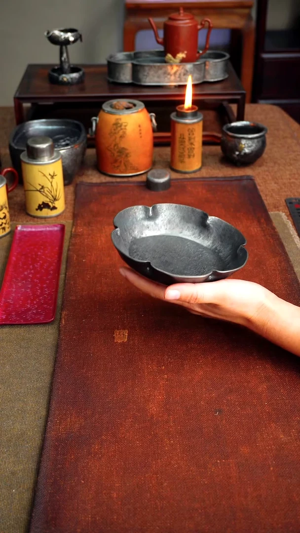 9451纯锡全手花瓣型壶承茶点碟