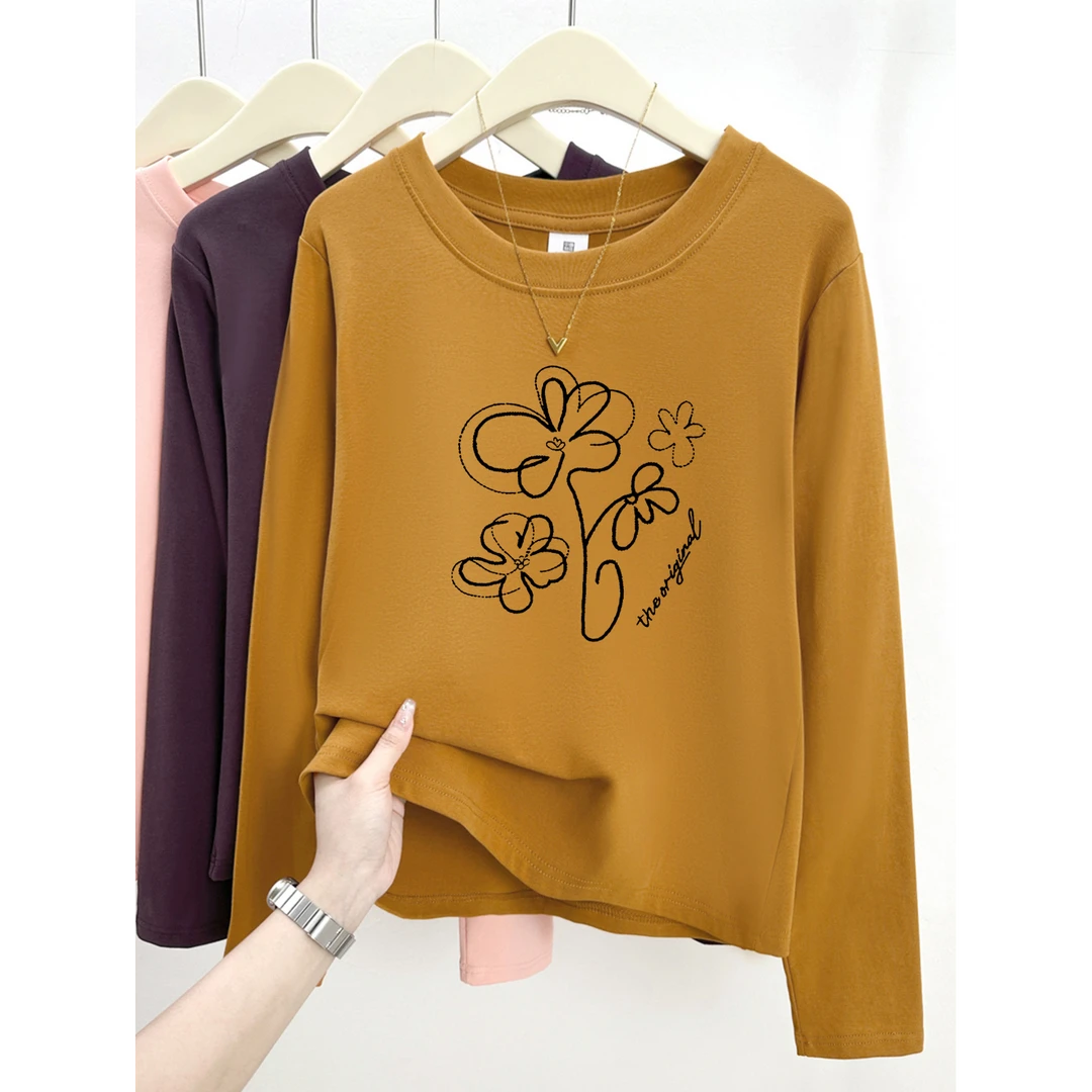 正肩圆领印花长袖t恤女春秋季2025新款修身显瘦内搭打底衫上衣ins