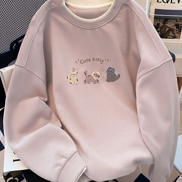 早春新款粉色卡通刺绣无帽卫衣外套女春秋韩系宽松长袖上衣