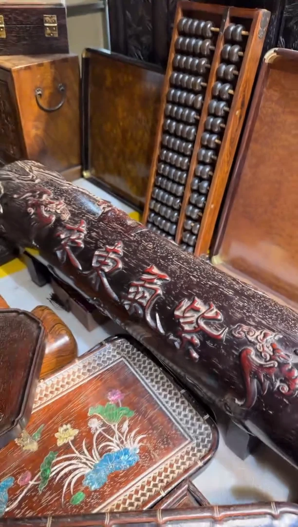 木紫檀紫气东来横财雕刻长70直径15带底座